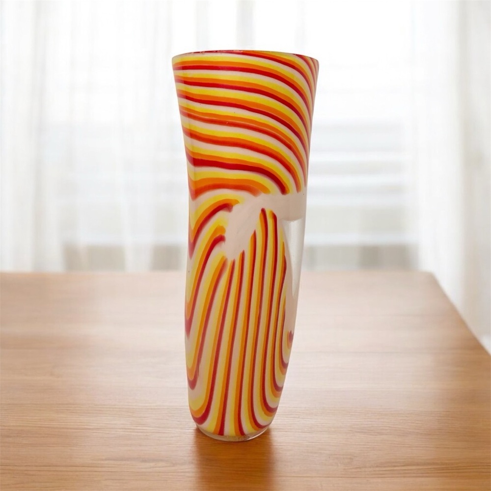 Postmodern Striped Orange Yellow Red Murano Art Glass Vase 10"